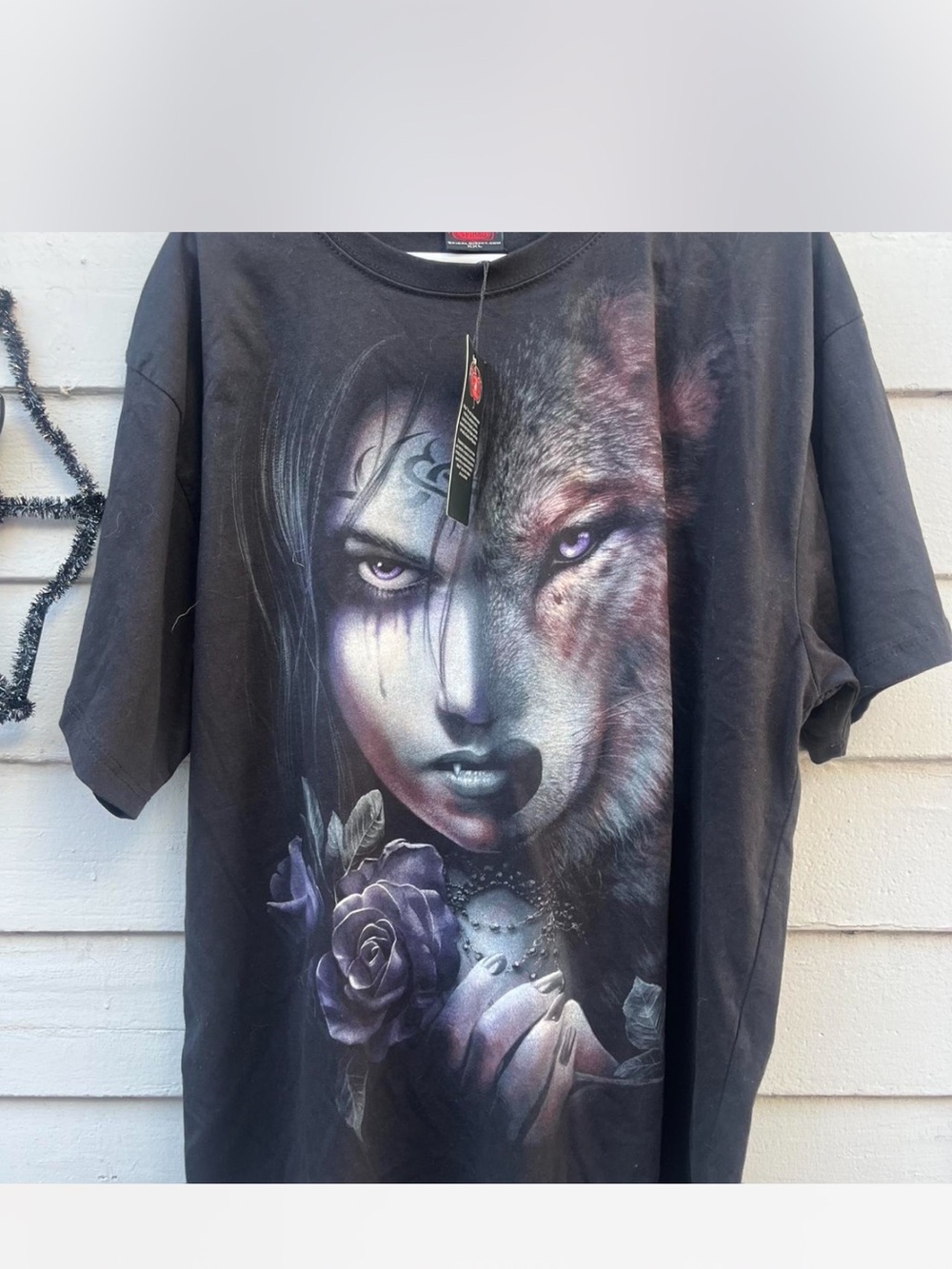 Black Graphic unisex  Tee with Gothic Wolf & Rose Design